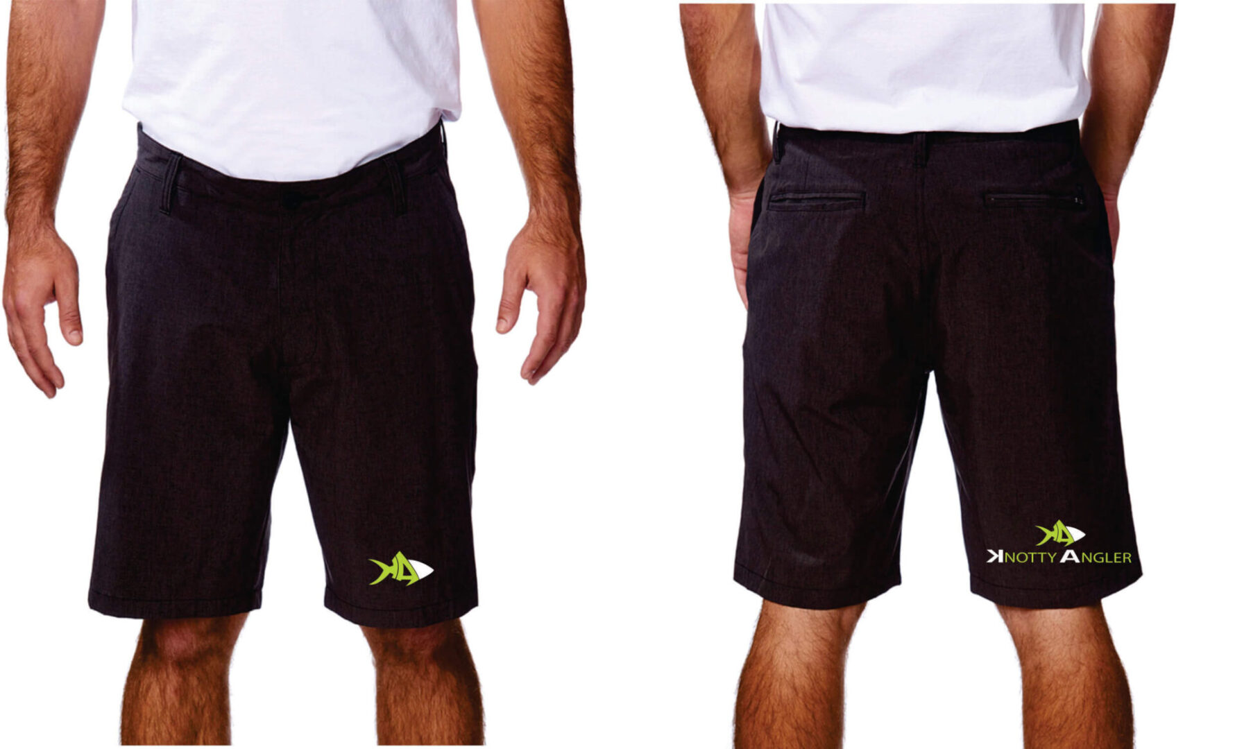 Two men wearing black shorts.