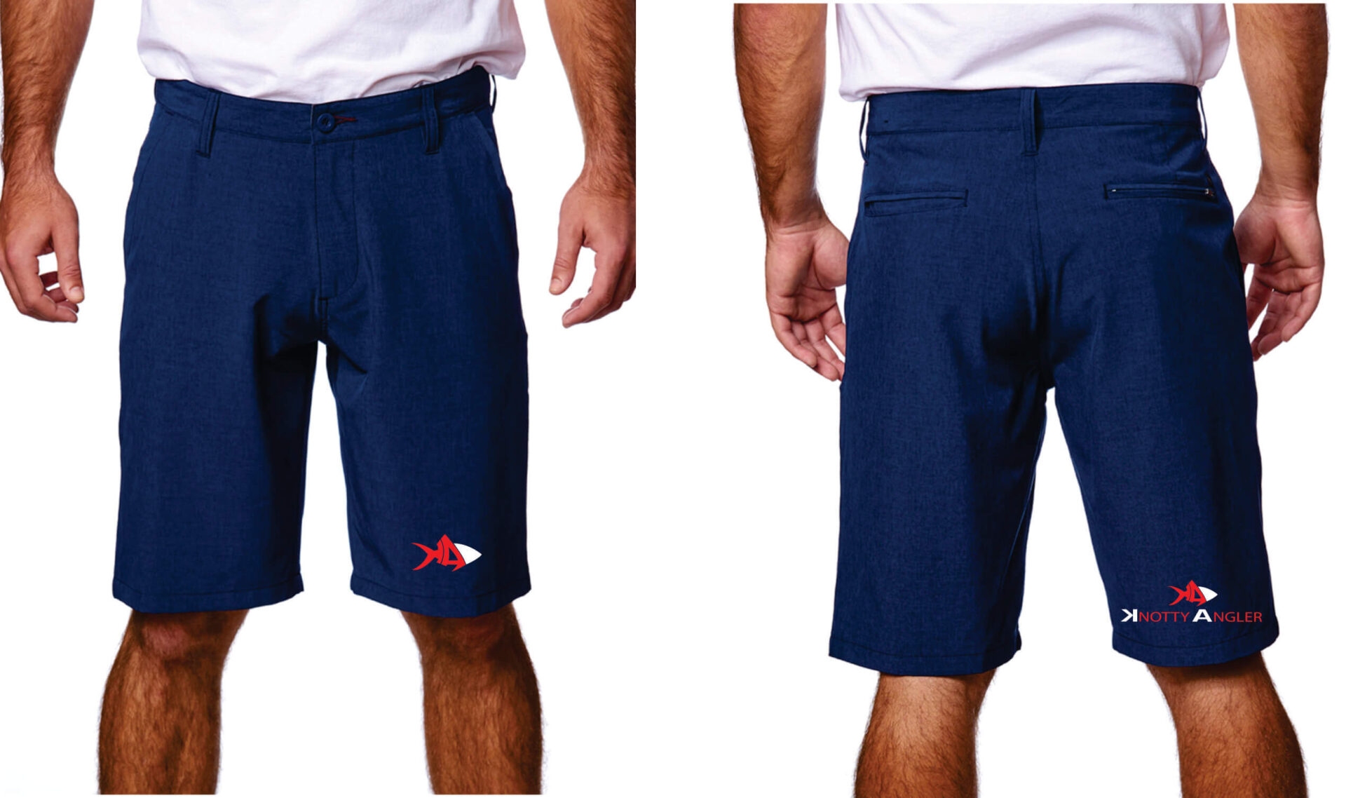 Two men wearing blue shorts.